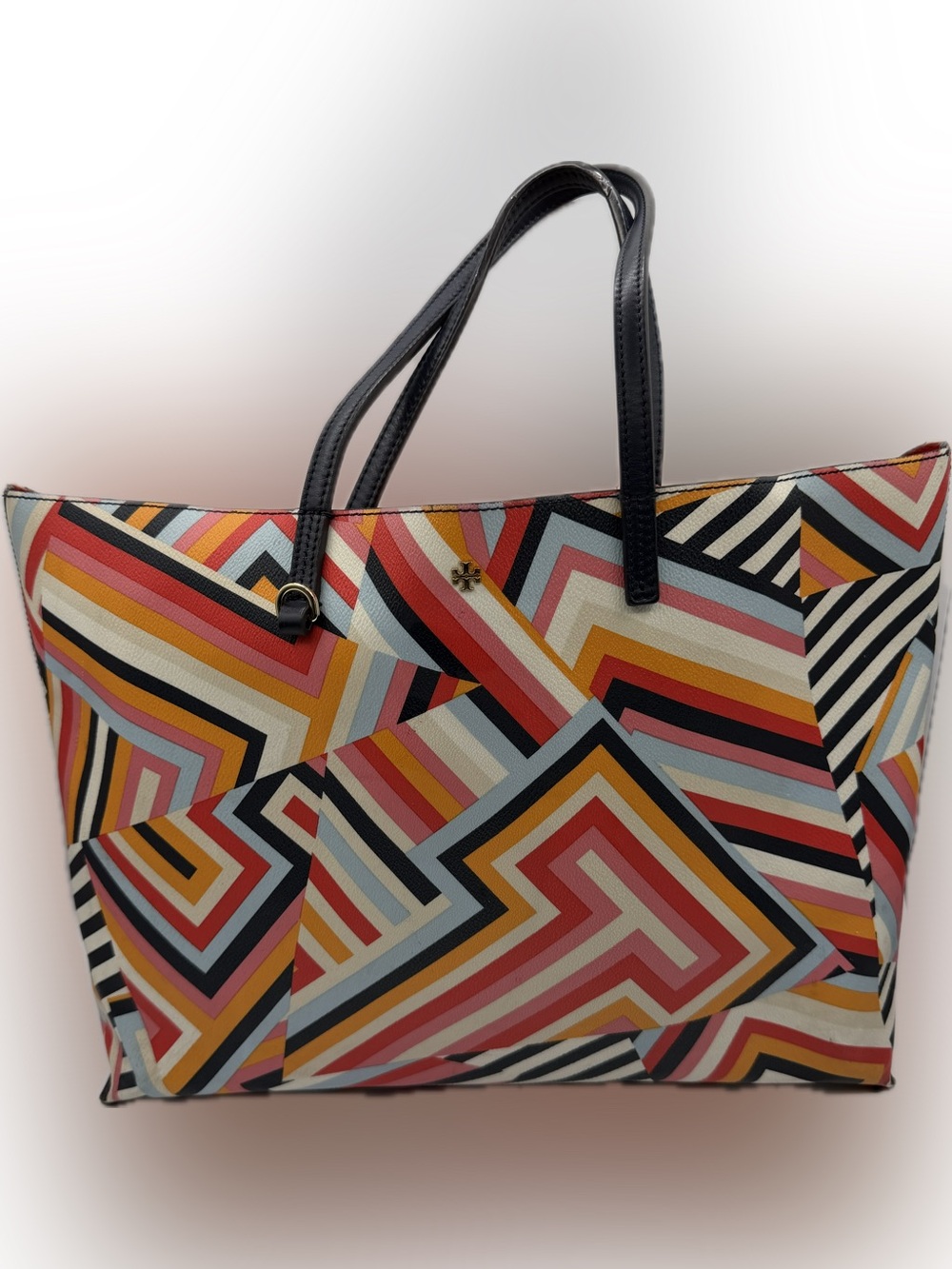 Tory Burch Kerrington Multi-color Square T Coated Canvas Leather Tote Bag